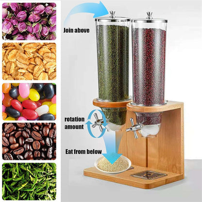 Litelogy Cereal Dispenser with Wooden Base, 3 Barrels Airtight Dry Food Container, 4L Each Countertop Organizer for Oats, Grains, Nuts, Beans, Rice