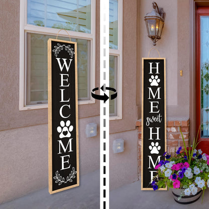Aurapeak Outdoor Welcome Sign for Front Porch Door Decor, Home Sweet Home Sign Door Outside Standing Large 2 Sided Dog Paw Farmhouse Modern Wooden Frame Vertical Leaner (45"X9" Wood Black)