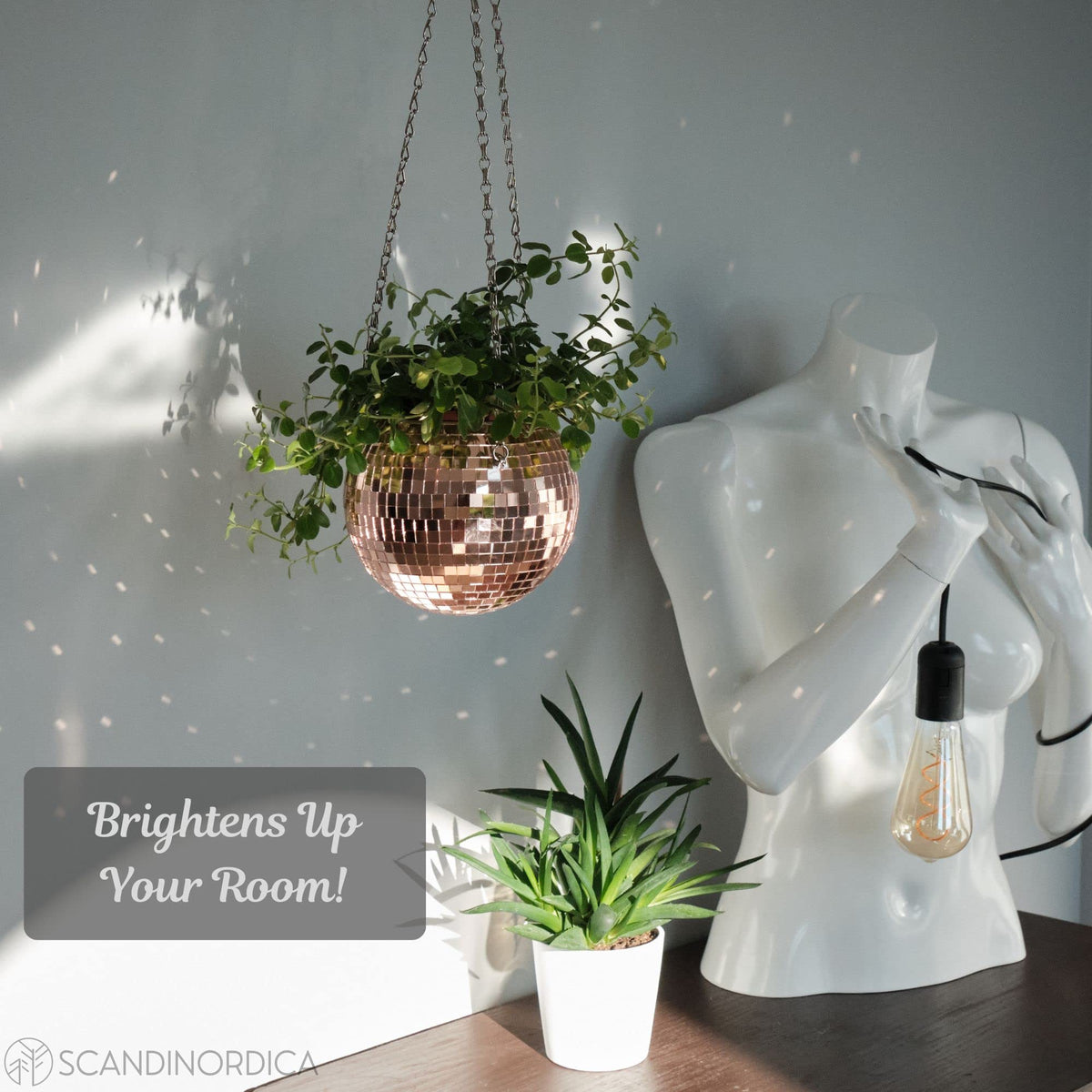 SCANDINORDICA Disco Ball Planter 6" Rose Gold with Chain and Macrame Hanger and Disco Ball Planter Pot 4.3" with Saucer (0.3x0.3 mirror tiles)