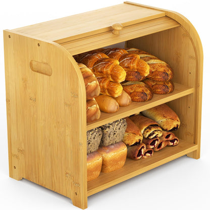 Bambition Bamboo Bread Box for Kitchen Countertop, Roll Top Bread Box for Homemade Bread, Double Layer Bread Storage Container