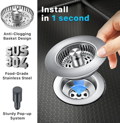 1S-Install Upgraded Kitchen Sink Strainer & Stopper – Pop-Up Fast Drain