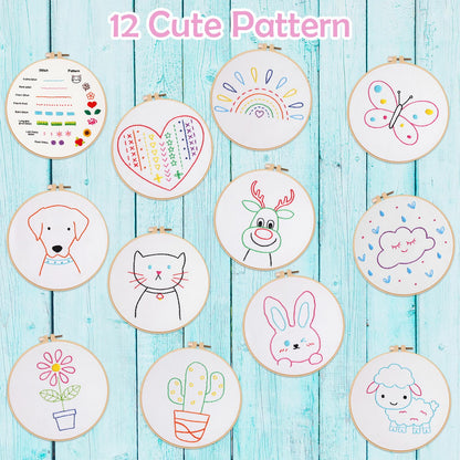 Louise Maelys 12 Pre-Stamped Embroidery Kits for Beginners, Cross Stitch for Kids Girls,DIY Needlepoint Craft Sewing,Practice Kit Supplies,Funny Cute Pattern,Perfect for Ages 8-12