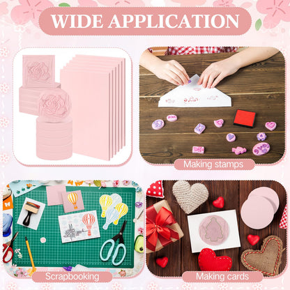Innconee 18 Pcs Rubber Stamp Carving Blocks Linoleum Blocks 4"x6" and 2"x2" Round Square Rectangle Block Carving Kit for Stamp Crafts DIY Project(Pink)