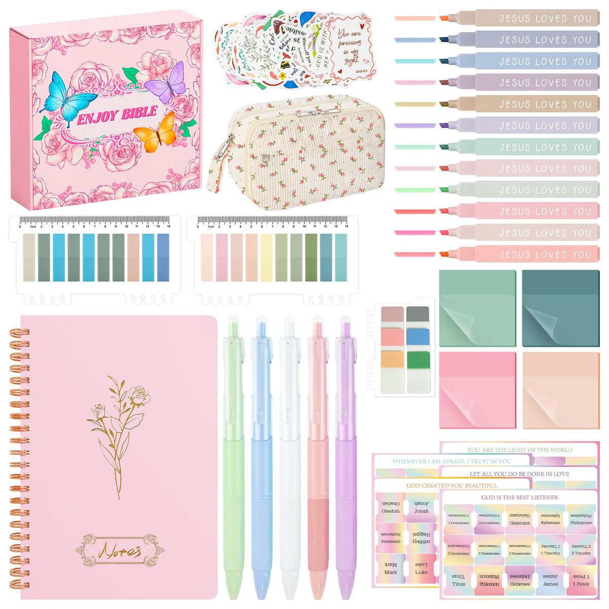 Bible Study Supplies Journaling Kit for Women,Bible Study Kit with Highlighters No Bleed,Journal Notebook Tabs Large Pencil Case, Accessories Set for Women Teens Beginner, Christian Gifts (Pink)