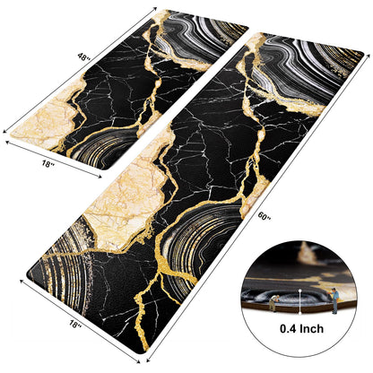 ASPMIZ 2 Piece Marble Kitchen Runner Rugs Set, Anti Fatigue Cushioned Kitchen Floor Mats, Black Gold Marble Kitchen Rugs Non Slip, PVC Waterproof Kitchen Mats for Sink, 18'' x 48'' + 18'' x 60''
