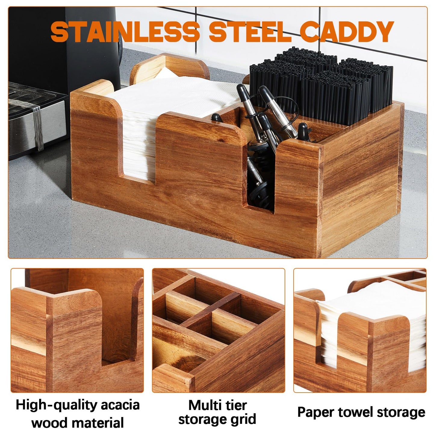 Mifoci 2 Pcs Acacia Bar Caddy with 5 Compartments, Wooden Bar Napkin Holder Organizer Cocktail Straws and Toothpicks Condiments for Home Office Kitchen Countertop(10.6 L x 5.5 W)
