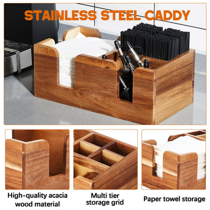 Mifoci 2 Pcs Acacia Bar Caddy with 5 Compartments, Wooden Bar Napkin Holder Organizer Cocktail Straws and Toothpicks Condiments for Home Office Kitchen Countertop(10.6 L x 5.5 W)