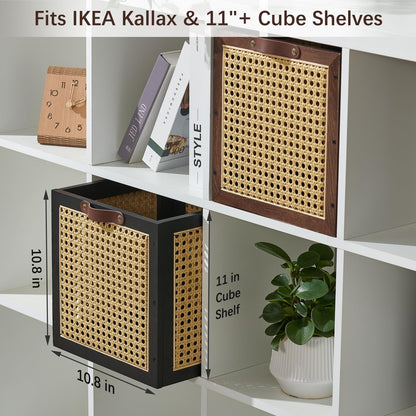VinneGenzz 2PCS Rattan Storage Cubes Wooden Storage Baskets Boxes Decorative Natural Handmade Bohemian Solid Wood Woven Wicker Cane Bin Closet Shelf Clothes Organizer Books Magazine Holder (Walnut)