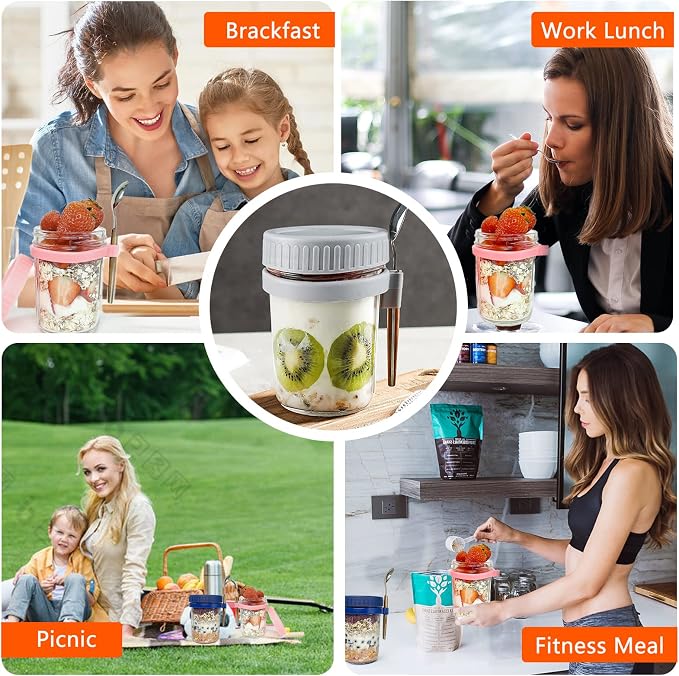 Overnight Oats Container - Yogurt Oatmeal Glass Canning with Lids and Spoon, 10 oz Cereals, Milk, Fruit Salad, with Measurement Marks (grey)