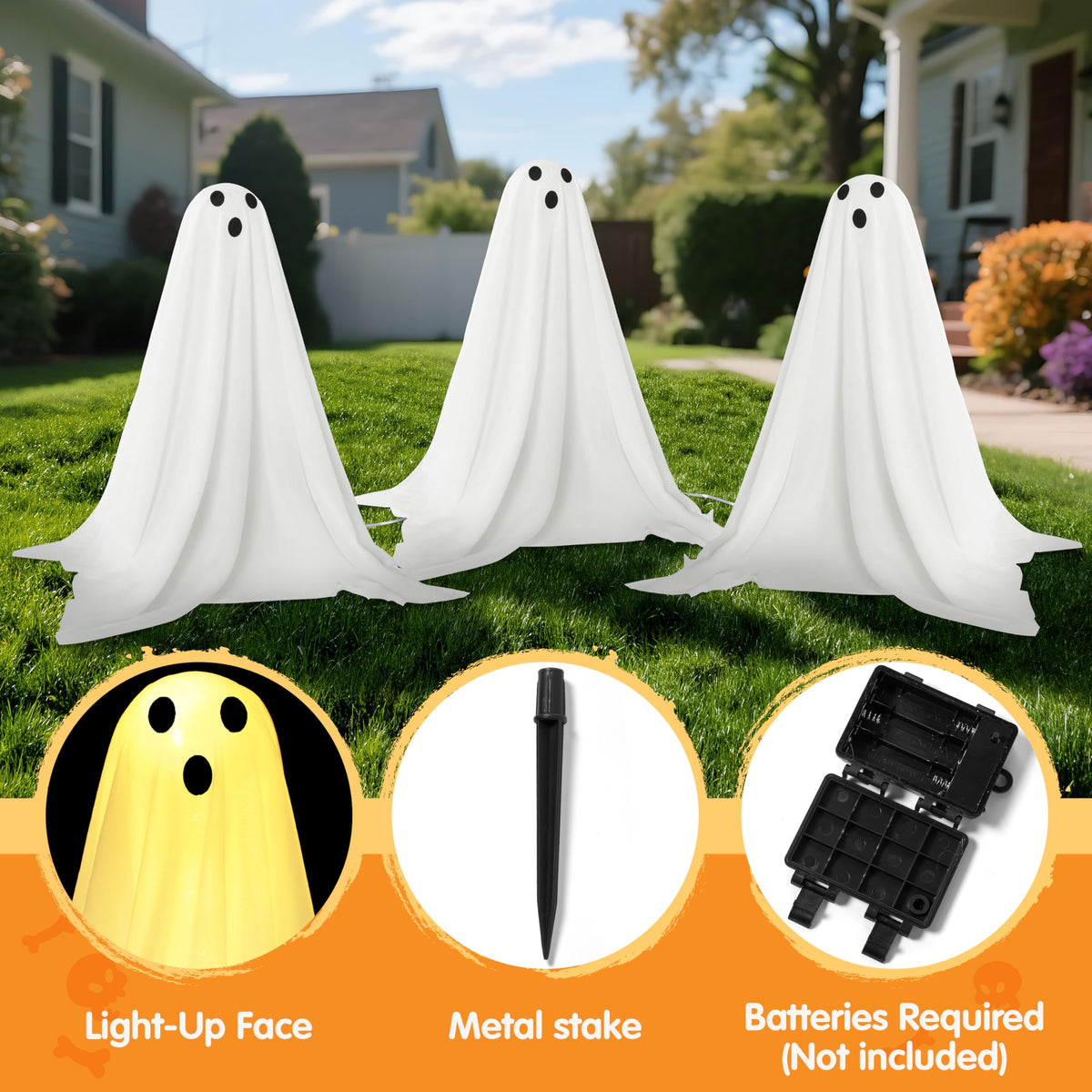 JOYIN 3 Pcs Halloween Decorations Outdoor Ghosts Pathway Lights, 18” White Cloth Ghost with White Light Up Yard Stakes for Graveyard Yard Lawn Garden Prop, Party Decor Supplies