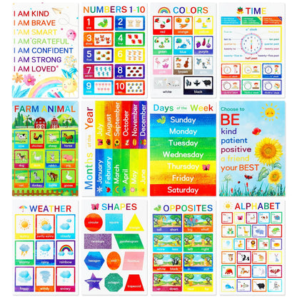 Educational Posters for Elementary Preschool Kindergarten Classroom Learning, Preschool Learning Posters for ABC Alphabet, Time, Number, Months,Colors, Weather, Animals, More, 16.5x11 Inch (12P Style B)