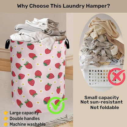Cute Pink Strawberry Laundry Basket, Extra Large Foldable Hamper