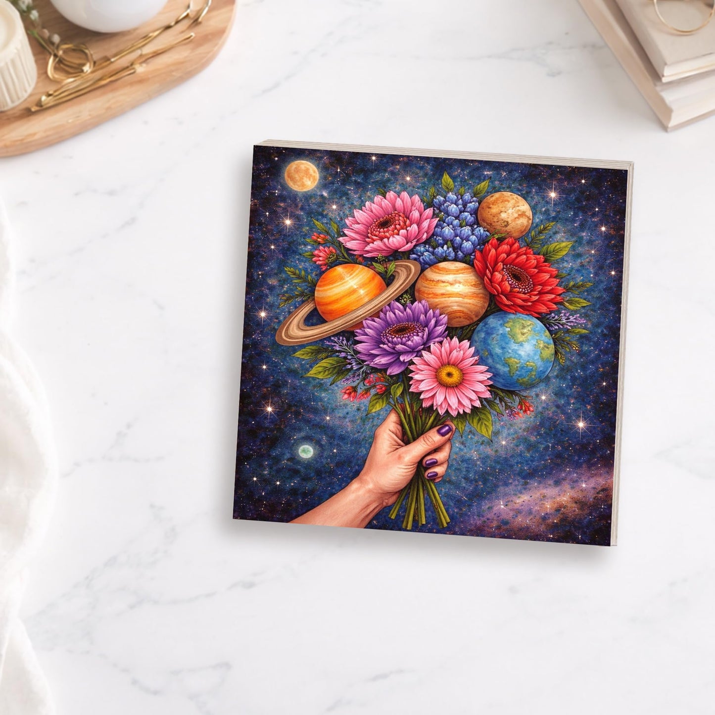 Cosmic Floral Wooden Block Sign, Celestial Flower Bouquet Decor, Galaxy Planet Art Shelf Sitter, Boho Space Table Mantel Tiered Tray Decor Gift for Astronomy Lover