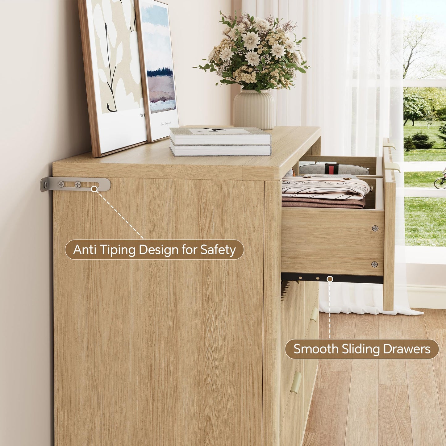 Ball & Cast Fluted Dresser for Bedroom with 6 Drawers,47" W Modern Chest of Drawers with Metal Handles,Wood Dresser TV Stand,Closet Dresser Drawers Organizer for Living Room,Hallway,Natural Oak