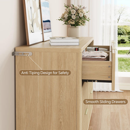 Ball & Cast Fluted Dresser for Bedroom with 6 Drawers,47" W Modern Chest of Drawers with Metal Handles,Wood Dresser TV Stand,Closet Dresser Drawers Organizer for Living Room,Hallway,Natural Oak