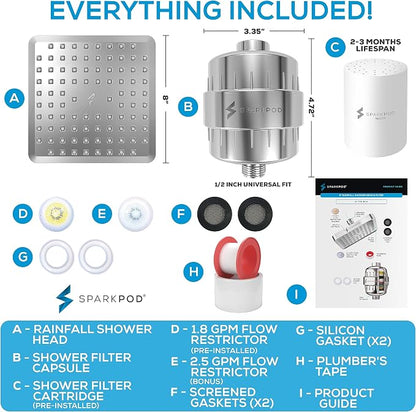 SparkPod 23-Stage Filtered Shower Head, 8" Square, Polished Chrome | Filtered Shower Head for Hard Water Filter, High Pressure, Reduces Chlorine, Heavy Metals, For Dry Skin & Hair