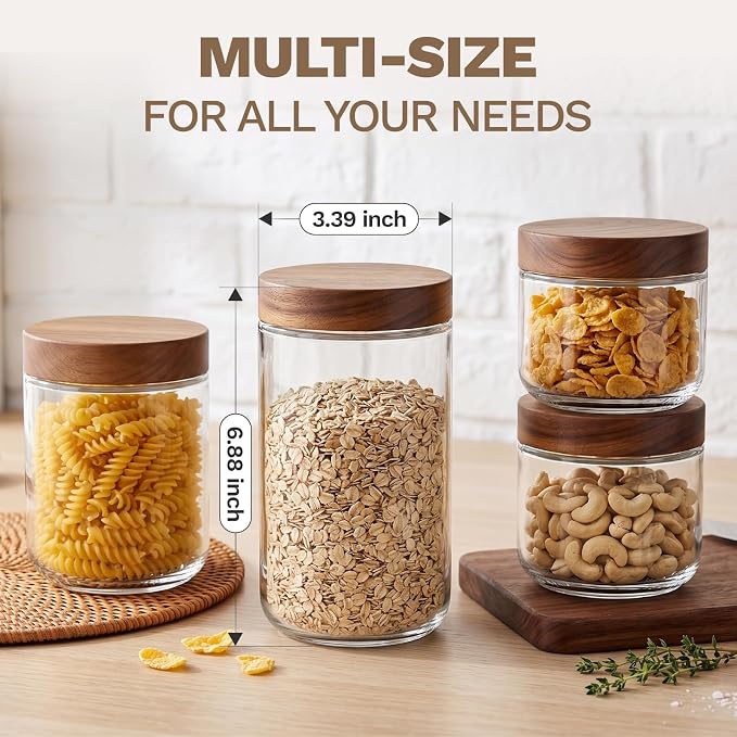 Bumobum 24 oz Glass Jars with Acacia Lids, Glass Food Storage Containers with Airtight Lids, Wide Mouth Mason Salad Jars for Coffee, Sugar, Loose Tea, Spice, Nut, Candy, Cereal, Snacks (4 Pack)