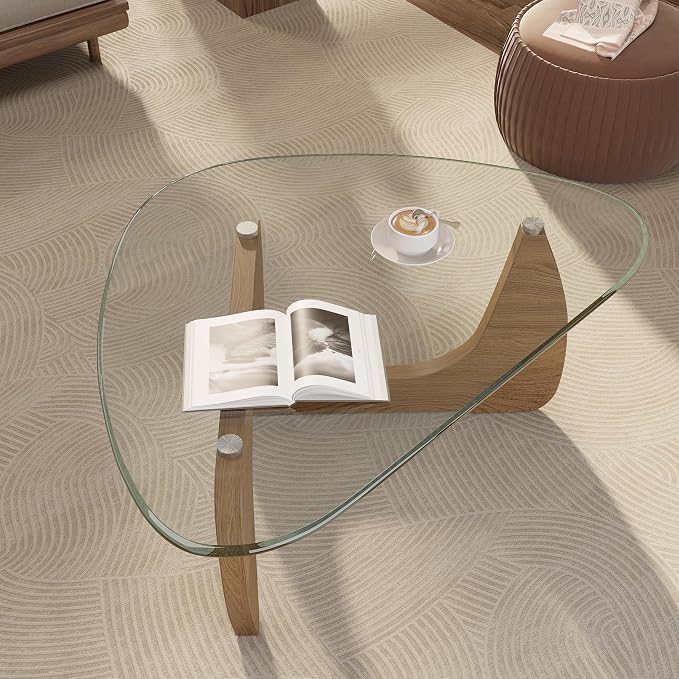 Modern Glass Coffee Table, Triangle Center Table with Tempered Glass Top& Unique Wooden Base, 31.5” Mid Century Tea Tables for Living Room, Apartment, Office,Wood &Transparent