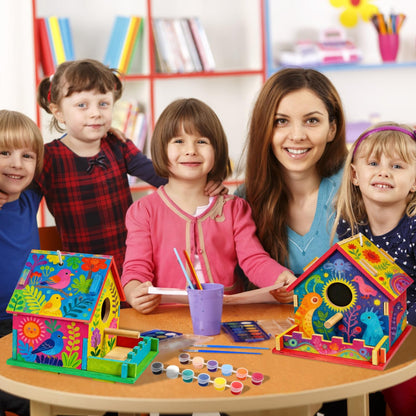 4 Pack DIY Birdhouse Kit to Build and Paint for Birthday Gifts, Unfinished Wooden Bird Houses for Outdoors with Paints Brushes and Hanging Chain, Fun Classroom Activity for Crafts Arts Project