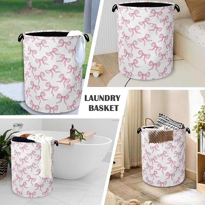 Cute Pink Bow Laundry Basket, Foldable Oxford Cloth Tote Bag Laundry Hamper