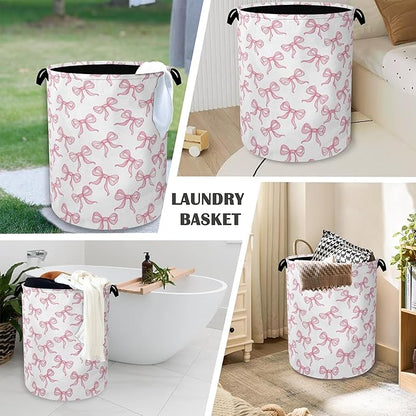 Cute Pink Bow Laundry Basket, Foldable Oxford Cloth Tote Bag Laundry Hamper