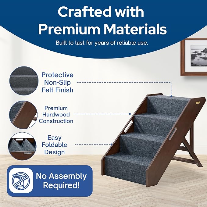 Stakmore Wooden Pet Steps with 3 Adjustable Heights - No Assembly Foldable Pet Stairs for High Beds with Solid Hardwood Construction, Lightweight Cat, Dog Stairs & Steps, Espresso