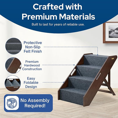 Stakmore Wooden Pet Steps with 3 Adjustable Heights - No Assembly Foldable Pet Stairs for High Beds with Solid Hardwood Construction, Lightweight Cat, Dog Stairs & Steps, Espresso