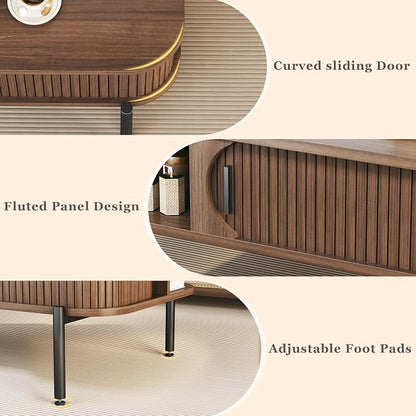 Coffee Table, 39.4" Fluted Coffee Table for Living Room, Mid Century Modern Table with Sliding Cabinet Door 2-Tier Rustic Wood Desktop with Storage Open Shelf, Walnut