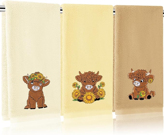 3Pcs Highland Cow Sunflower Hand Towels Cotton Embroidered Bathroom Towels