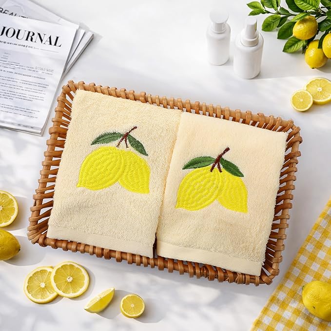 2 Pcs Lemon Hand Towels Lemon Yellow Bathroom Decor 14x29 Inch Embroidered 100%