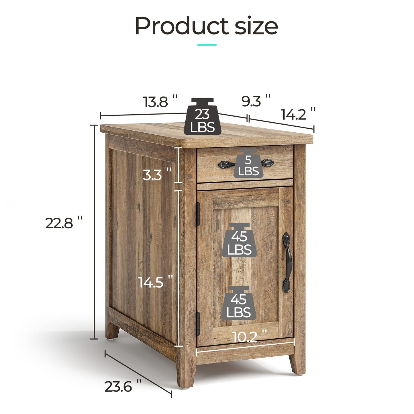 LINSY HOME End Table with Charging Station, Modern Farmhouse Wooden Side Table with Drawer, Detachable Holder, Extra Storage & Display Space, for Living Room and Bedroom, Wooden Door, Brown