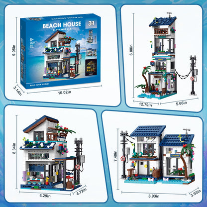 3 in 1 Japanese Style Building Set with Light, Creative Beach House, Lighthouse & Restaurant Model, Architecture Building Blocks Set, for Architecture Lovers