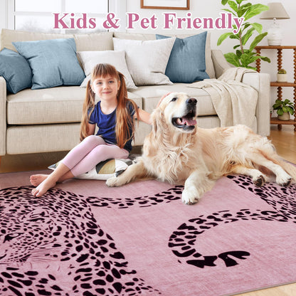 OJIA Leopard Print 5x7 Area Rugs for Living Room, Soft Washable Rugs for Bedroom Ultra-Thin Non-Slip Moden Pink Rug, Stain Resistant Nursery Rug Carpet for Kids Playroom Classroom Dining Room