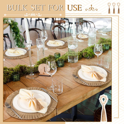 Gejoy 18 Pcs Round Burlap Placemats Wood Bead Napkin Rings with Dinner Napkins Cloth, Jute Heat Resistant Placemats Boho Wooden Rings for Plates Wedding Dining Table