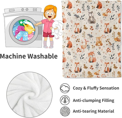 Cute Woodland Animal Blanket,Cartoon Fox, Owl, and Deer Throw Blankets,Gifts for Kids & Animal Lovers,Lightweight Soft Fleece,for Picnic Sofa Couch Bed Room Travel,Birthday Decor,50x60in