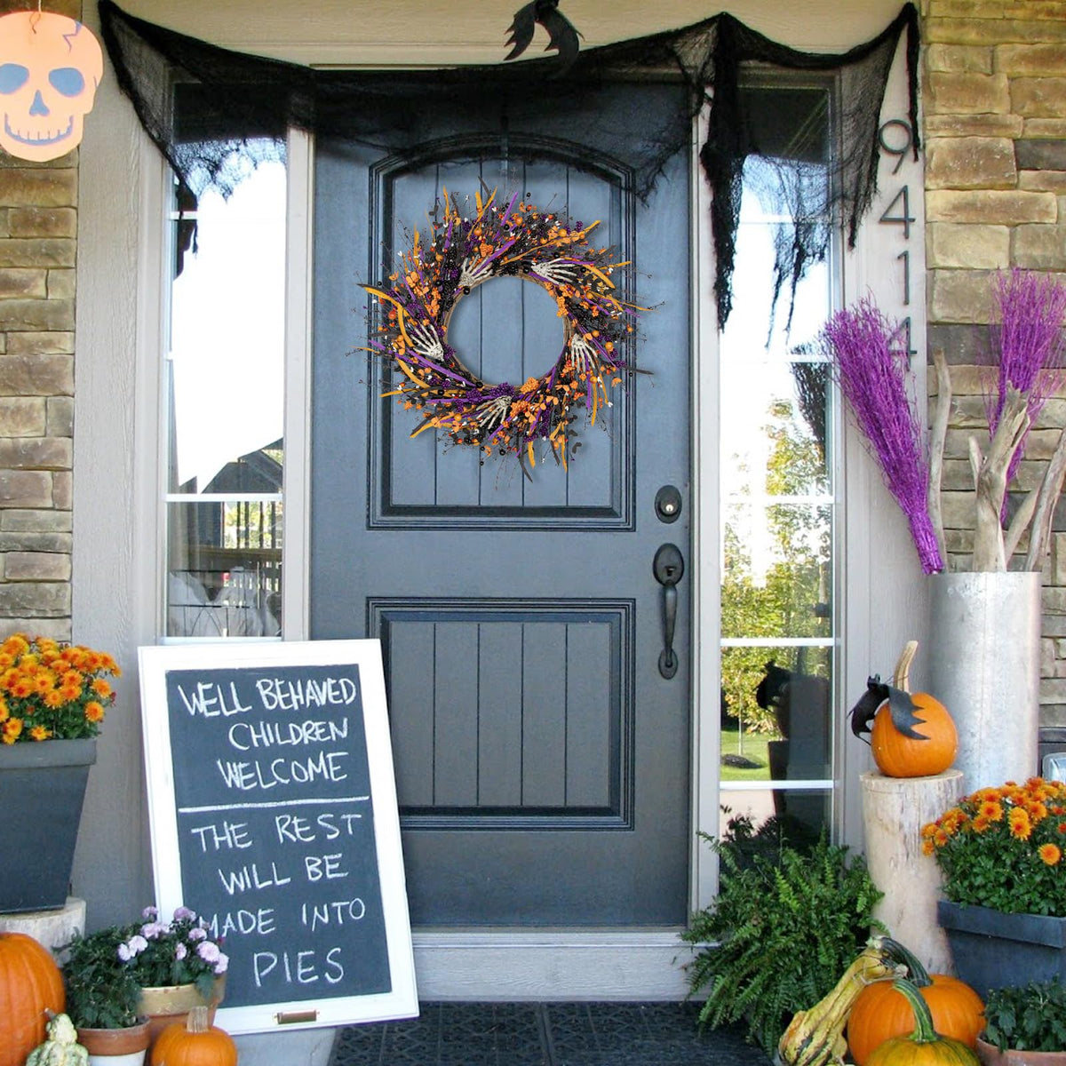 VioletEverGarden Halloween Wreaths for Front Door 22 Inch Skeleton Black Wreath Handmade Halloween Door Wreath with Purple and Orange Berries for Gothic Decorations