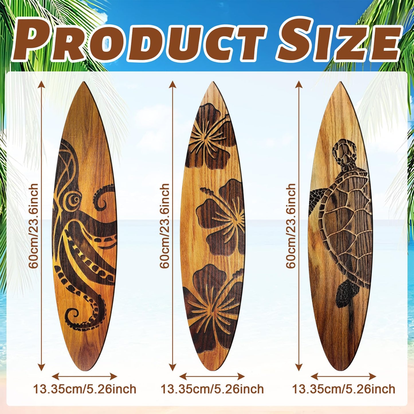 Yousoontic 3 Pcs Surfboard Wall Decor 23.6" x 5.2" Large Wooden Beach Room Surfboard Decor for Wall Summer Turtles Hibiscus Octopus Hawaiian Tropical Sign for Home Bedroom Party