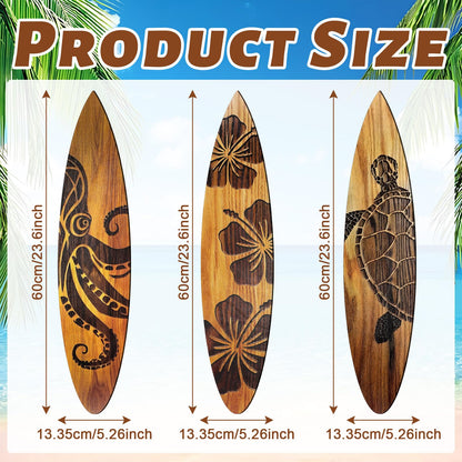 Yousoontic 3 Pcs Surfboard Wall Decor 23.6" x 5.2" Large Wooden Beach Room Surfboard Decor for Wall Summer Turtles Hibiscus Octopus Hawaiian Tropical Sign for Home Bedroom Party