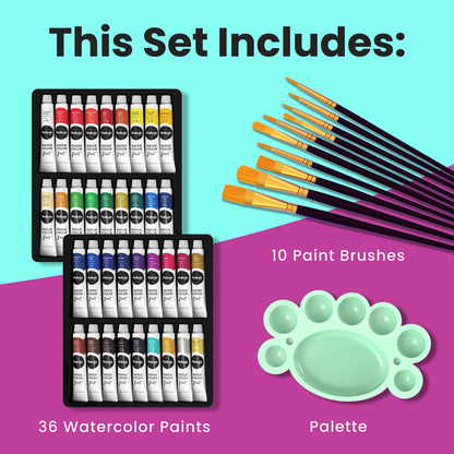 Chalkola Watercolor Paint Set for Adults & Professional Artists - 36 Watercolor Tubes Set (12ml, 0.4oz), 10 Painting Brushes & 1 Palette | Vibrant Water Color Art Painting Supplies