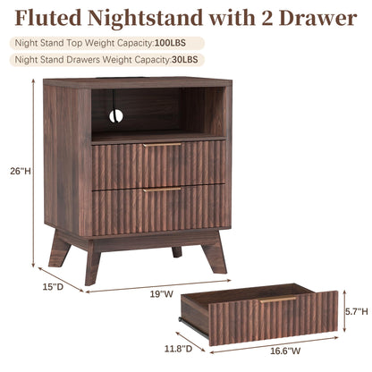 Baoz Walnut Fluted Nightstand with Charging Station & 2 Drawers for Bedroom