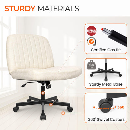 Orange Factory Criss Cross Chair Wheels Wide Cross Legged Office Desk Vanity Chair Comfy Fabric Armless Adjustable Swivel for Home Computer Task (Beige Wheel, Fabric)