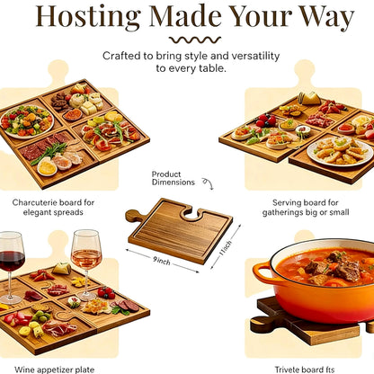 Acacia Wood Charcuterie Boards, Set of 4, Interlocking Serving Tray with Storage Box, Party Appetizer Tray with Handles, Ideal Wine Gifts & Accessories