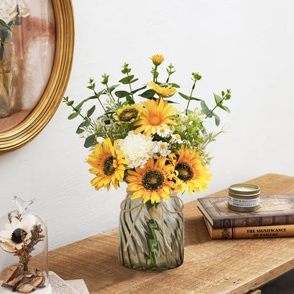 COZZI CODI Fake Flowers Artificial Sunflowers with Vase, Faux Silk Flowers Plants for Home Office Decorations, Kitchen Dining Table Decor, Farmhouse Centerpiece Table Decoration