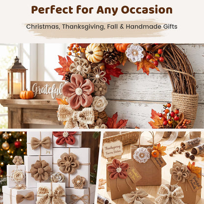VGOODALL 32 PCS Natural Burlap Flowers Set, Burlap Bows and Scrapbook Embellishments for Wedding Party Decor Home, Embellishments for Crafts