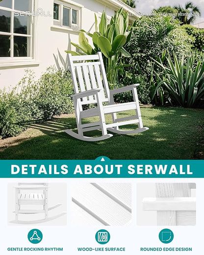 SERWALL Outdoor Rocking Chair, HDPE Rocking Chair for Adults, All Weather Porch Oversized Rockers for Lawn Garden, White