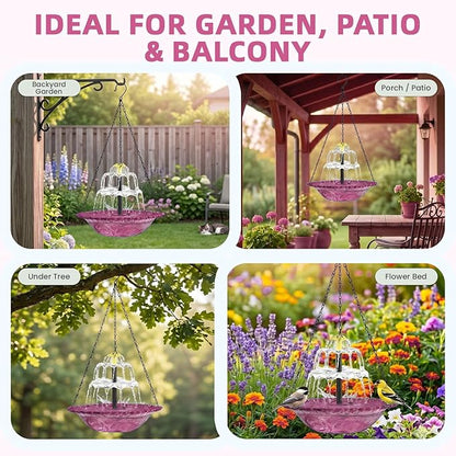 Solar Fountain for Bird Bath, Hanging Cascade Water Feature for Outdoor Garden & Yard Decor, Creates a Relaxing Flow that Attracts Birds (Purple(XL))