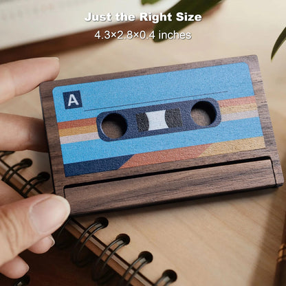 Wood Business Card Holder Case Cassette Shaped, Solid Walnut Wood Credit Card Holder Desk Wallet Personalized Nostalgia Unique Birthday Anniversary Christmas Gift for Husband Dad Friends Family Men