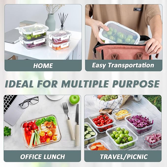 KOMUEE 10 Packs Glass Food Storage Containers Set, Glass Meal Prep Containers