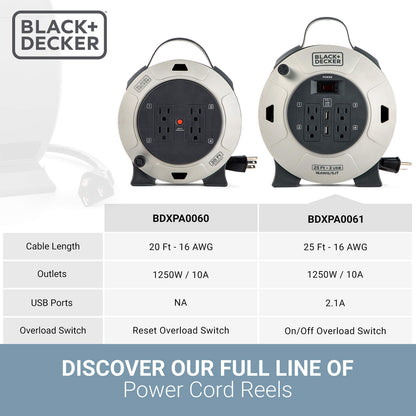 BLACK+DECKER 25 Ft. Retractable Extension Cord Reel with 4 Outlets, 2 USB Ports, Multi-Plug Extension, On/Off Switch & Heavy-Duty 16AWG SJT Cable