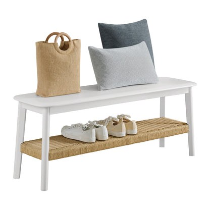 Alaterre Furniture Calais 48 Inch Solid Wood Entryway Bench with Woven Storage Shelf – Mid Century Modern 2-Tier Shoe Bench for Living Room, Hallway or Foyer (White)